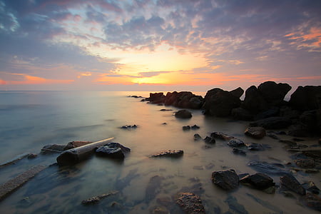 Playa, Costa, amanecer, profundidad de campo, al atardecer, Horizon, paisaje