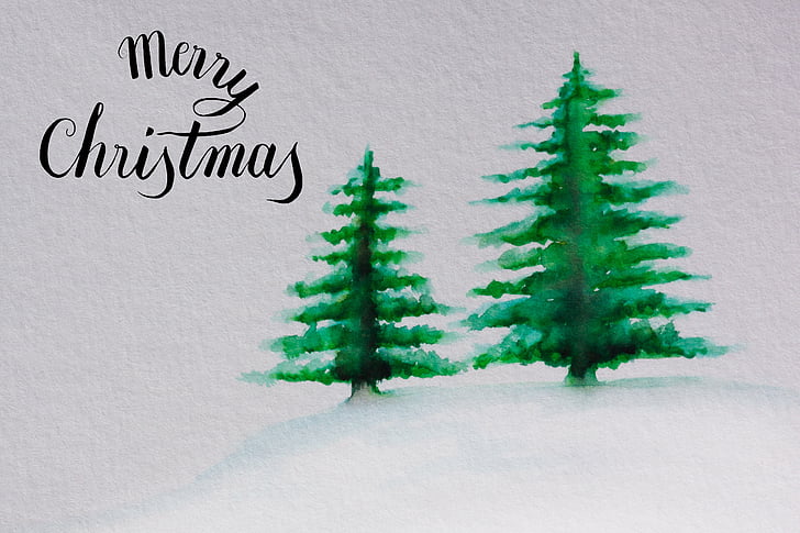Kerst, kaart, kerstboom, groen, sneeuw, Aquarel, geschilderd