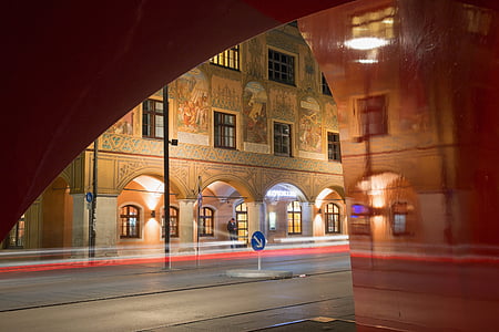 town hall, ulm, facade, painting, frescoes, mural, night photograph