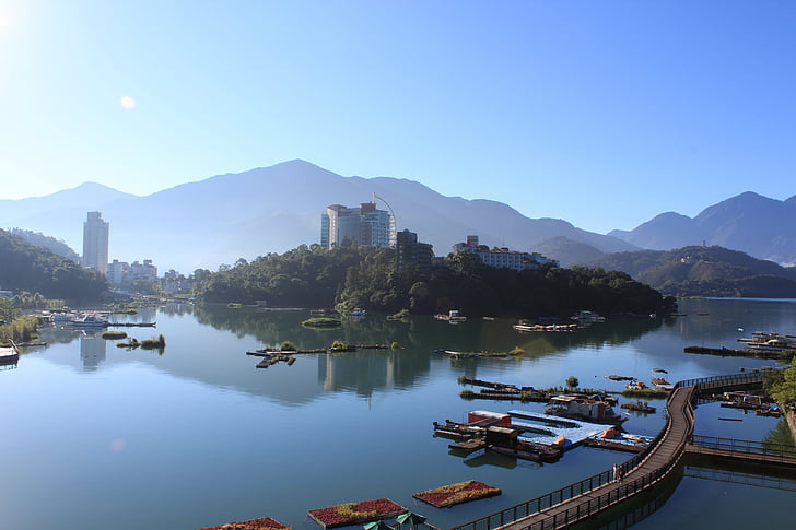 morning, ri yue tan, lake, town, architecture, skyline, city