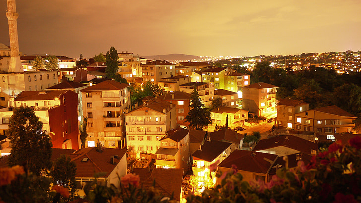 city, night, view, balcony, tarabya