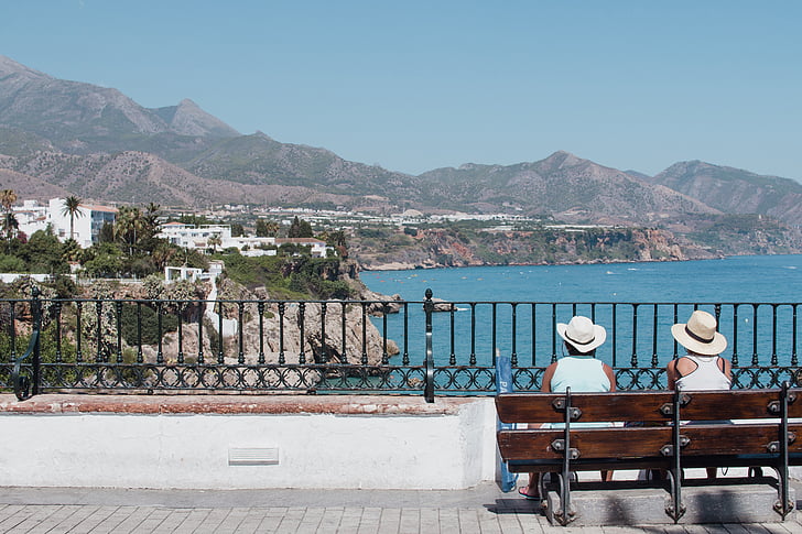bench, city, coast, mountain, ocean, outdoors, sea