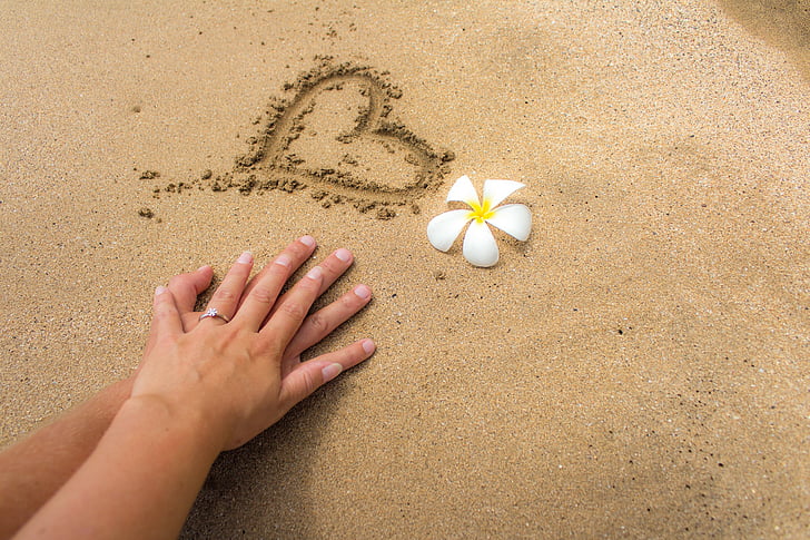 pasir, bertunangan, Cinta, jantung, bunga, Hawaii, Maui