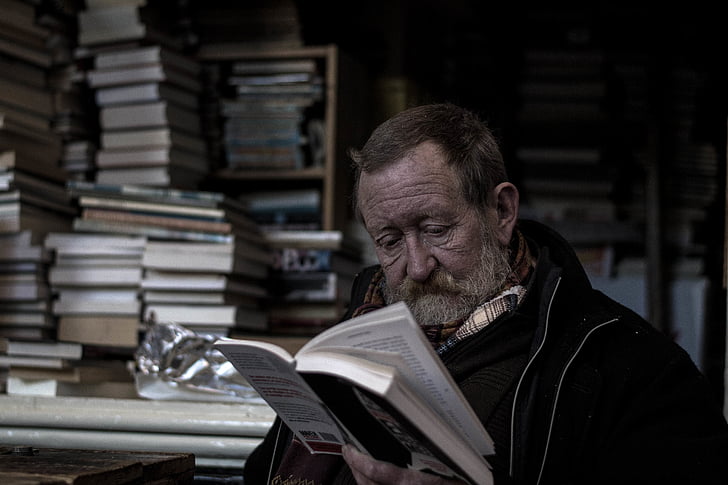 Kitaplar, yaşlı, adam, roman, eski, okuma