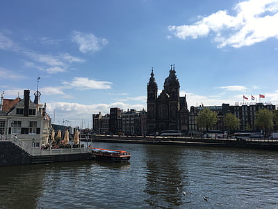 Amsterdam, reka, kanal, cerkev, Nizozemska, Evropi, Urban