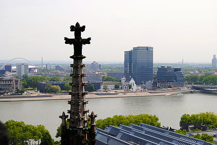 pinnacles, ornamental shape, cathedral spiers, view of the rhine, rhine river, stairs, panorama