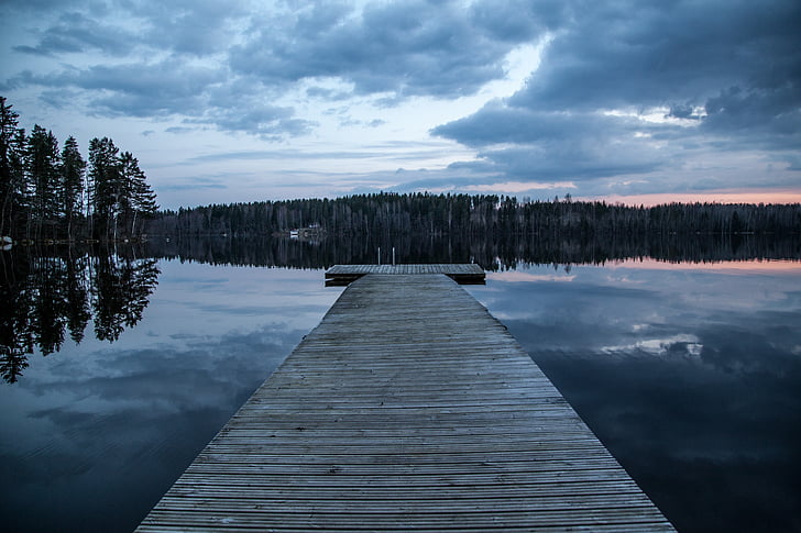 dock, lake, finland, dark, evening, water, nature
