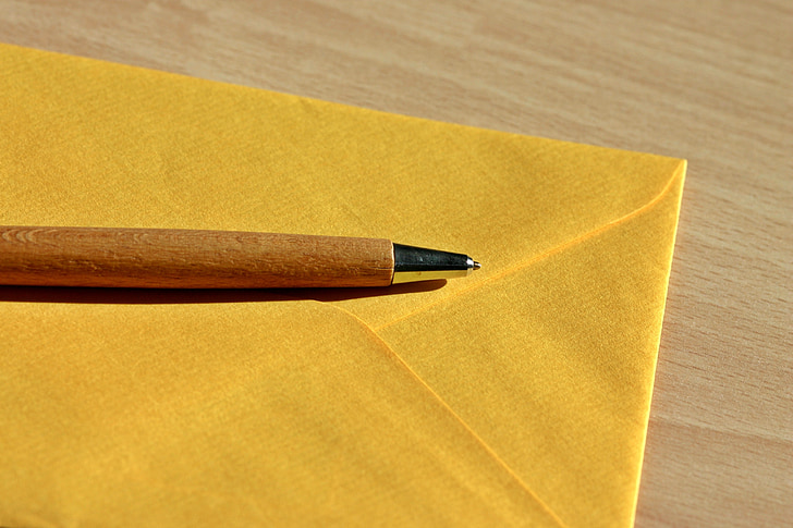 letters, envelope, leave, pen, post, yellow, color