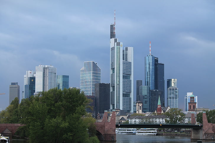 Skyline, Frankfurt, Mainhattan, townen centrerar, arkitektur, staden, skyskrapor
