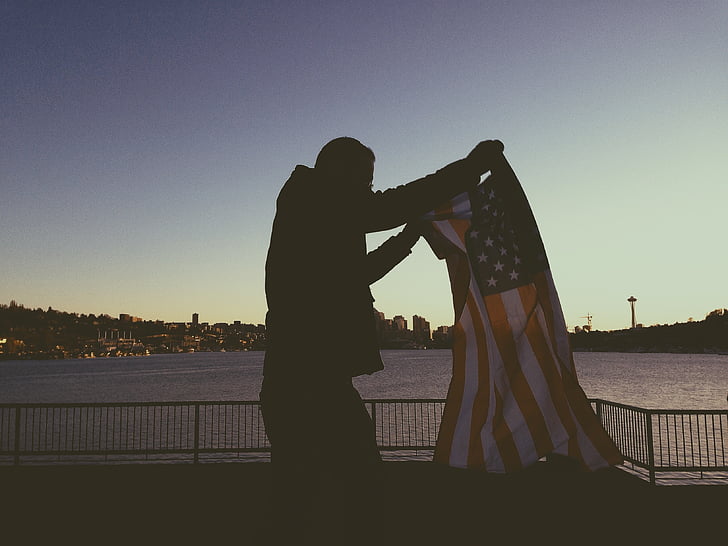 silueta, osoba, Holding, u, s, vlajka, Spojené štáty americké