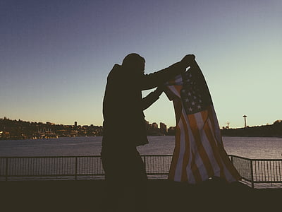 silueta, osoba, hospodářství, u, s, vlajka, Spojené státy americké