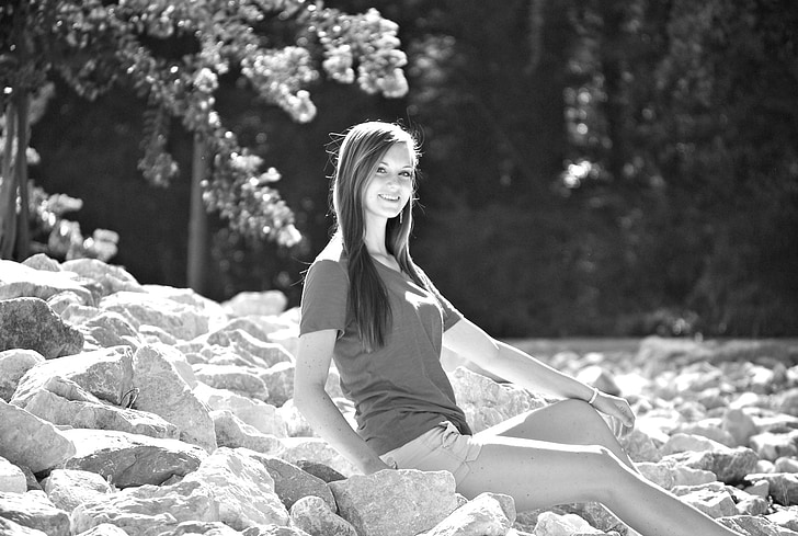 girl, sitting, rocks, outdoor, smiling, portrait, summer