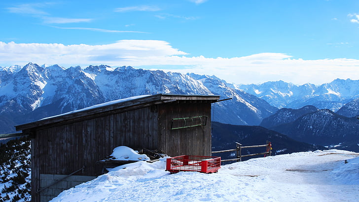 hut, mountains, valley, outlook, alpine, winter, cold