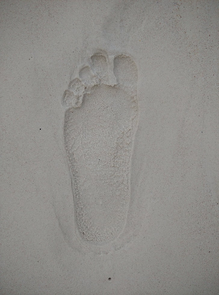 voetafdruk, stand, zand, voorbijgaande aard