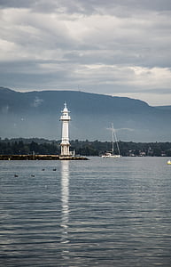 lighthouse, port, lake, geneva, water, exit