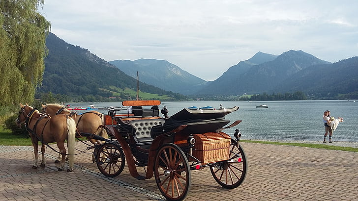 carriage, wedding, mountains, lake