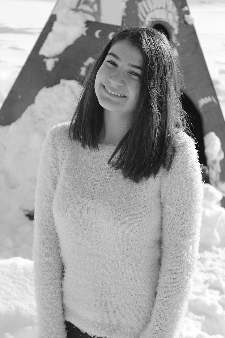 winter, girl, black and white, happiness
