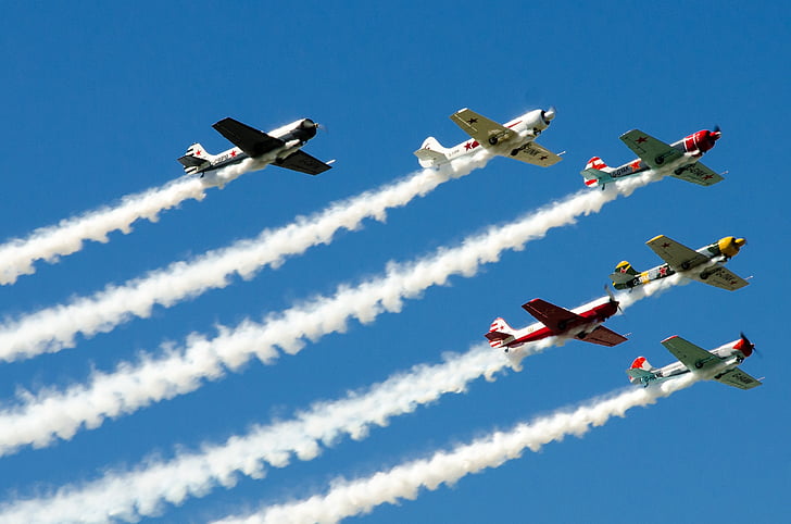 airplane, sky, formation, aviation, fly, blue, air show
