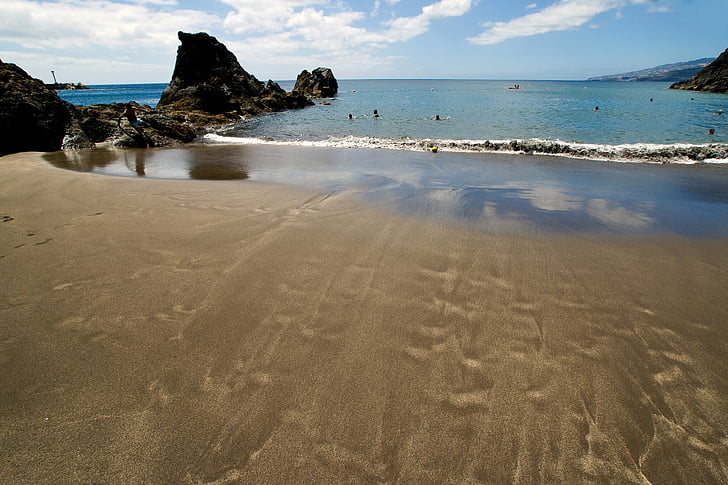 madeira, Praia de areia, rocha, reflexo de água, Atlântico, Horizon