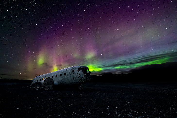 aircraft, airplane, aurora borealis, dark, night, northern lights, sky
