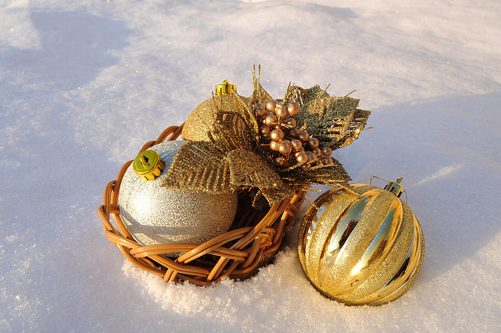 Kerst, vakantie, ballen, ornamenten, sneeuw, goud