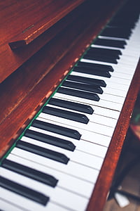 closeup, photo, brown, upright, piano, music, keyboard