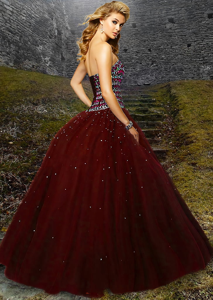 vrouw, mooie, rode jurk, blonde haren, Vintage, jurk, middeleeuwse
