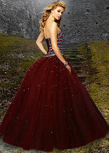 žena, lijepa, crvena haljina, plava kosa, berba, haljina, srednjovjekovni