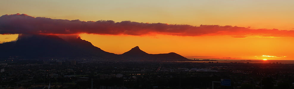 table mountain, evening sky, setting sun, sea, cape town, south africa, abendstimmung