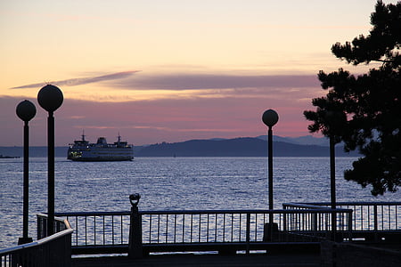 Seattle-ben, komp, hajó, naplemente, Pier, este, nézet