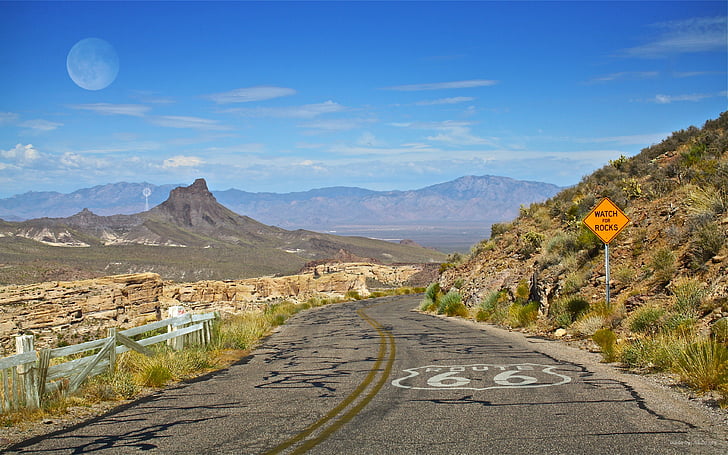 Route 66, Arizona, segno, dicendo:, orologio, per, rocce