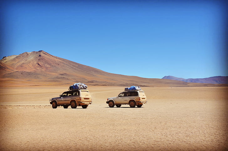 divi, automašīnas, vidējā, lauks, kalns, ceļojumi, tuksnesis