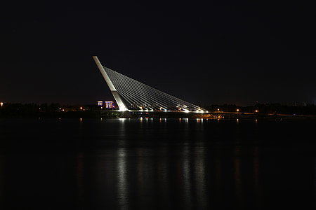 bridge, light, night view, reflection, river