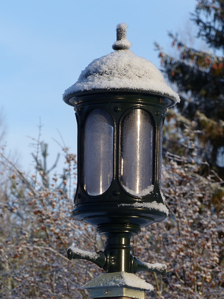 lamp, outdoor, winter, frost, sky, tree, pole