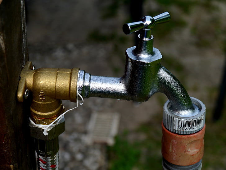 faucet, garden hose, water, garden, metal, zinc plated