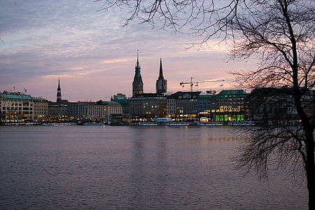 Hamburg, Alster, Jungfernstieg, abendstimmung, innenalster, építészet, beépített szerkezet