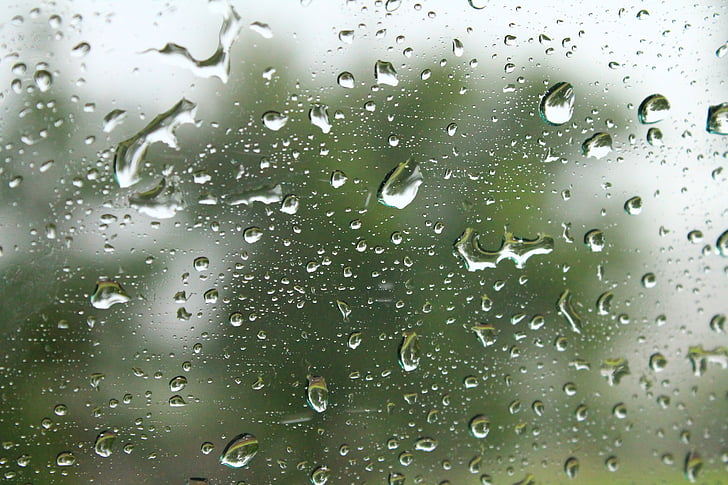 pudota, sadetta, lasi, vesi, sadepisarat, sateisena, ikkunapaikan