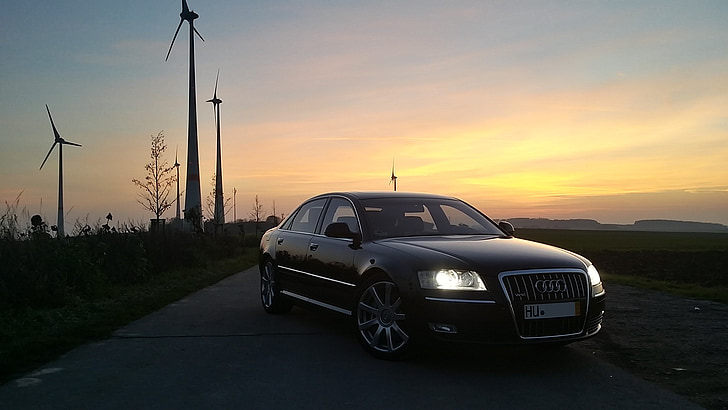 Audi, Auto, a8, automobile, noir, soirée, coucher de soleil