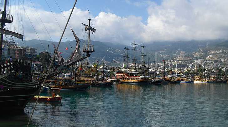 alanya, turkey, pirate ship, port, ships