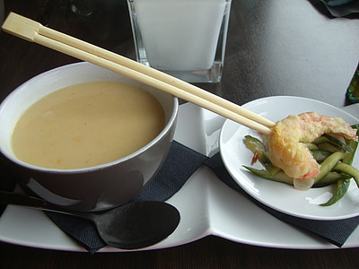coconut soup, soup, asia, shrimp, meal, eat, chopsticks