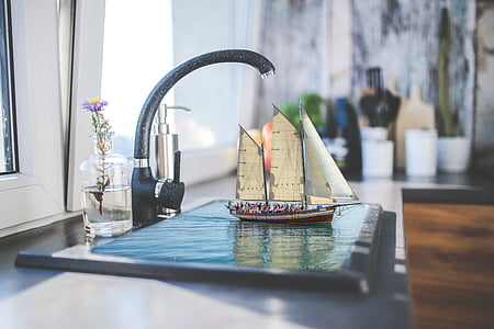 manipulation, photoshop, kitchen, faucet, water, boot, sailing boat