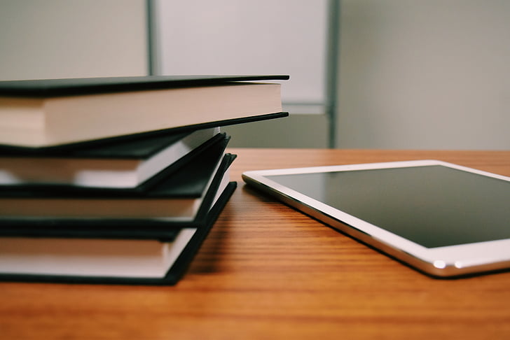 tablet, books, desk, education