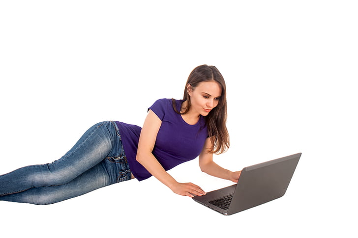 Märkmik, Tüdruk, asub, siluett, arvuti, Online, sülearvuti