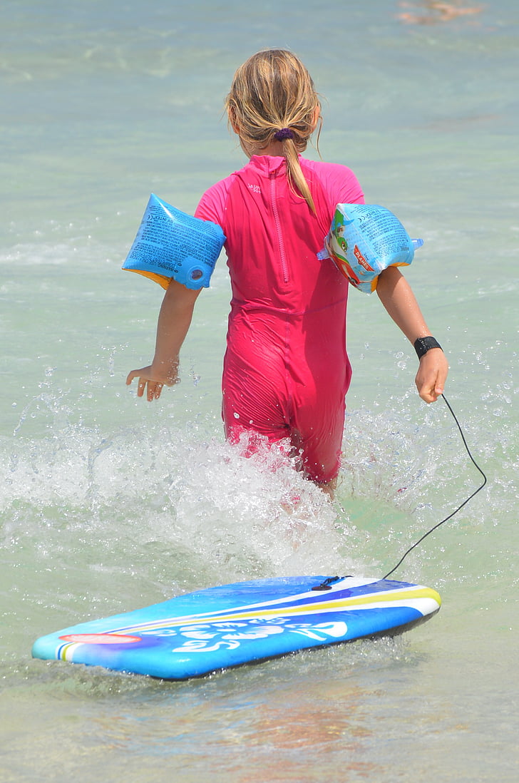 child, waves, surf, people, rubber rings, uv-resistant clothing, girl
