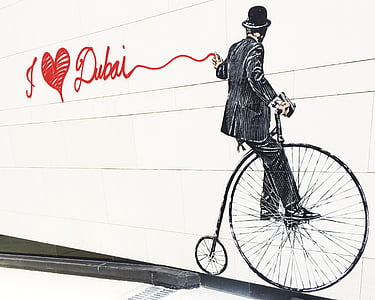 dubai, city walk, graffiti, bicycle, transportation, cycling, text