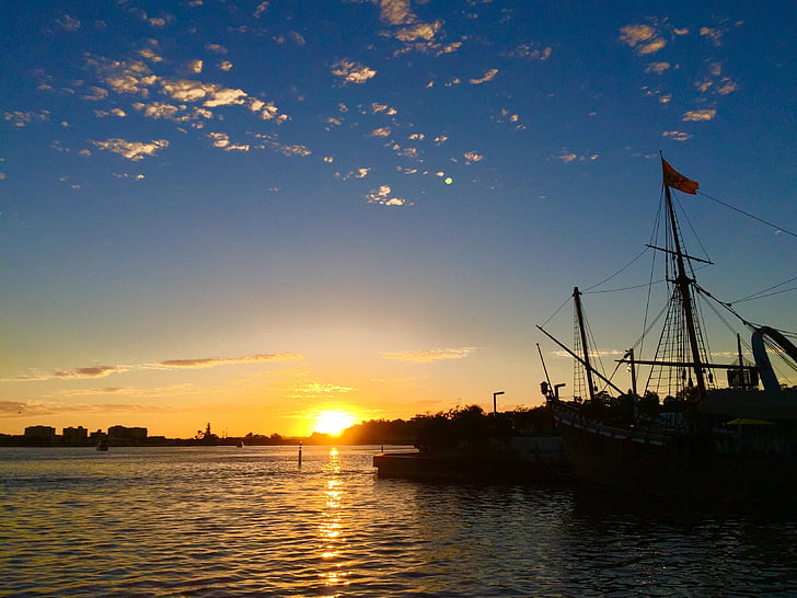 solnedgang, Elizabeth quay, Perth, Australia, brygge, båt, Waterfront