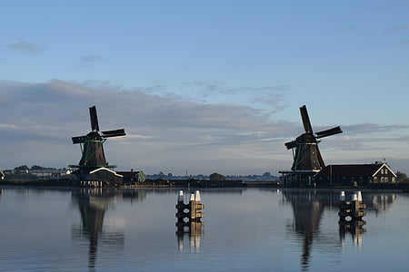 mlýn, jezero, reflexe, Nizozemsko, voda, větrný mlýn, vítr