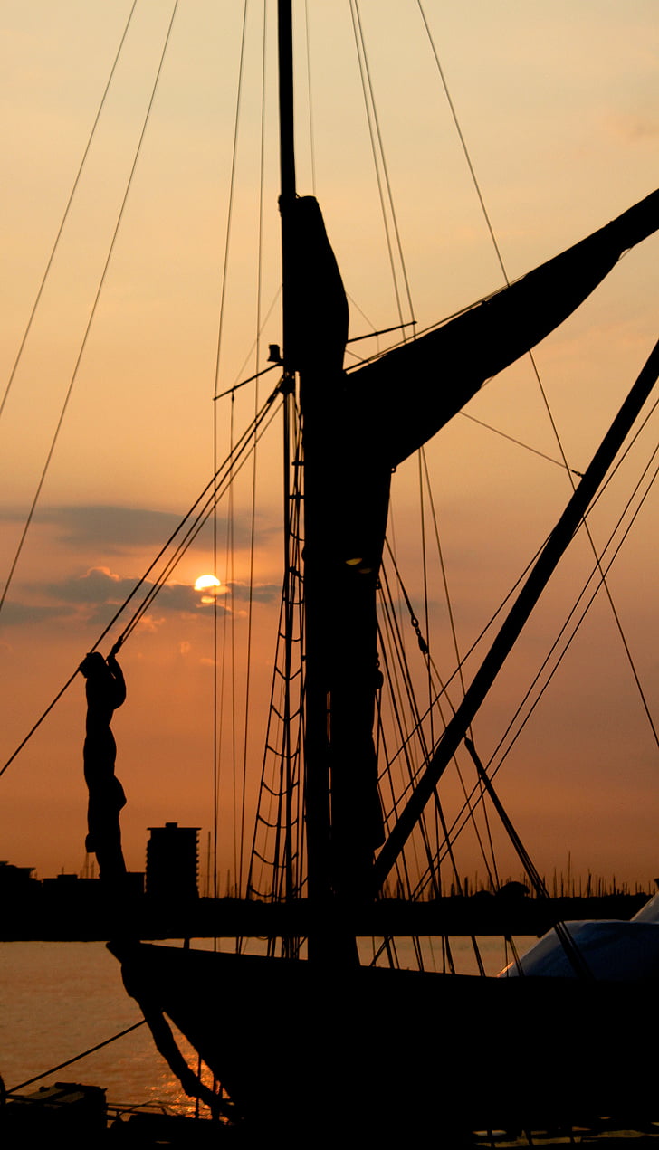 solnedgång, båtar, Portsmouth, fiskebåt, solen, Sundown