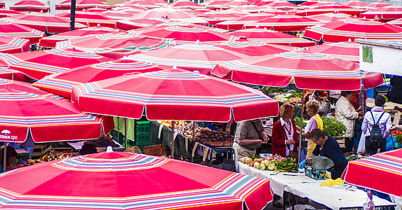 rouge, ville, marché, voyage, urbain, gens, parasol