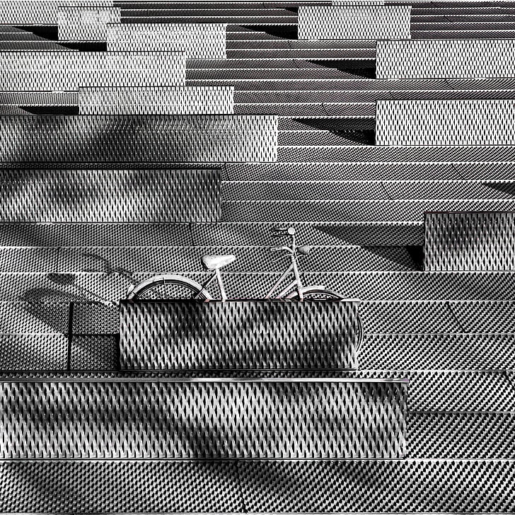 bike, bicycle, parking, black, white, outside, abstract